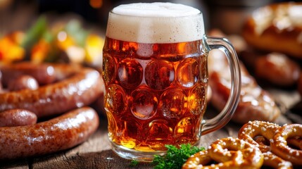 a closeup of a frothy beer in a glass stein placed on a wooden table surrounded by traditional German sausages pretzels mustard and Oktoberfest decorations captured in vibrant colors