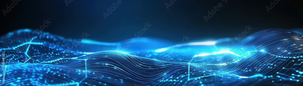 Poster Abstract dark blue background with layered wave patterns, glowing lines, holographic light effects, 3D rendering, suitable for tech visuals