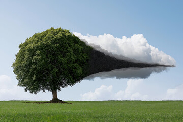 A surreal image of tree merging with cloud, where each leaf glows, creating striking contrast between nature and ethereal. This captivating scene evokes sense of wonder and imagination