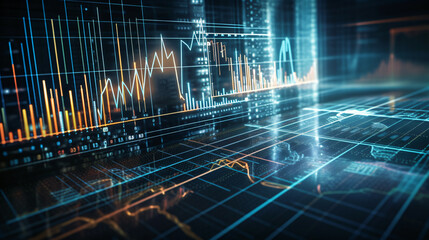 Financial data analysis, charts and graphs on a screen.