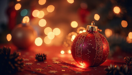 Obraz premium Red Christmas ornament on a table surrounded by glowing decorations