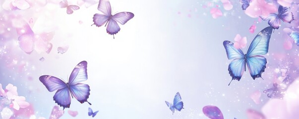 Magical scene of purple and blue butterflies fluttering amidst glittery flowers with a dreamy background, conveying a sense of serenity and wonder.