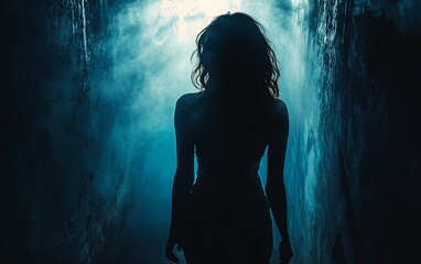 Fototapeta premium Sinister silhouette of a woman rotating to face the camera, dark and creepy environment, unsettling and shadowy atmosphere