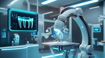 Futuristic Dental Clinic with AI-Driven Robotic Arms Performing Autonomous Dental Care Procedure