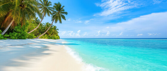 A serene beach scene with soft white sand, clear turquoise waters, and lush palm trees under a bright blue sky.