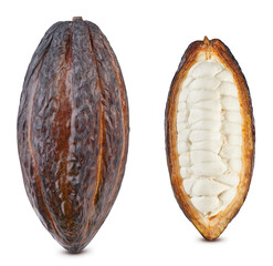 Cocoa set Clipping Path. Cocoa and half isolated on white background with clipping path. Cocoa macro studio photo