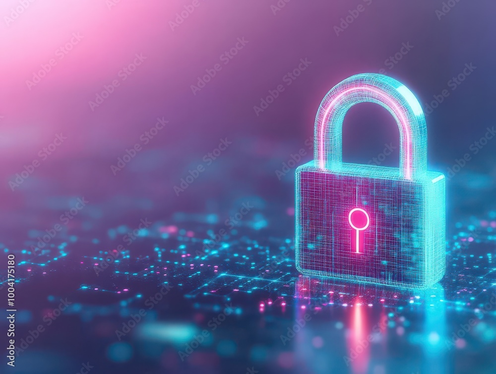 Poster abstract lock icon with floating holographic data, deep blue tones, soft neon highlights, digital se