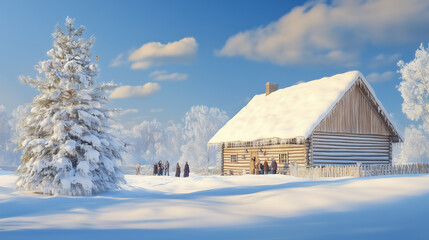 Families Gather Near a Snowy Log Cabin in the Winter Landscape Under a Bright Blue Sky