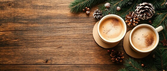 Top view of a wooden table with coffee cups, round beige carton coaster, Christmas vibe, festive decorations