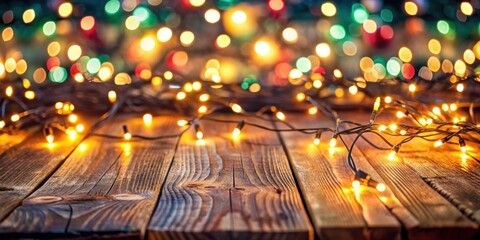 Festive Christmas background with blurred string lights on wooden table decor for holidays