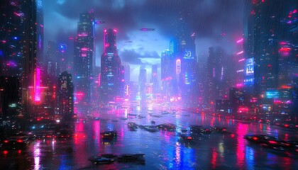 Urban cyberpunk scene, sky covered by skyscrapers, wet surfaces due to condensation, neon lights, futuristic cityscape