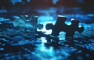 Two glowing puzzle pieces coming together in a digital space symbolizing connection and teamwork in technology environments