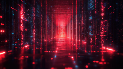 A captivating corridor filled with red and blue lights, displaying intricate patterns that evoke a high-tech, digital landscape