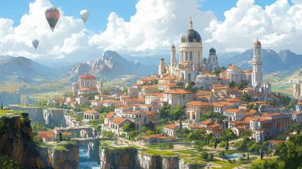 Fototapeta premium A bustling city with ornate buildings and lush hills, while colorful hot air balloons float in a clear blue sky