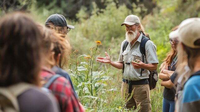 Guided nature walk in a green field