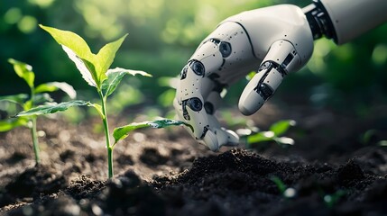 Robotic Hand Planting Seed in Fertile Soil,Symbolizing Fusion of Advanced Sustainable Agriculture
