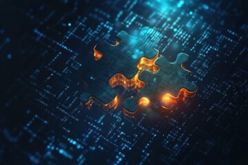 Two glowing digital puzzle pieces fitting together with binary code backdrop symbolizing connection and problem-solving