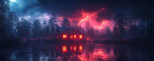 Dramatic lightning storm illuminating a house, intense skies, vibrant energy, nature's power on display, atmospheric tension and beauty