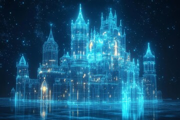 Fototapeta premium Futuristic Castle Wireframe, an illuminated architectural design showcasing intricate details and modern aesthetics in a digital realm