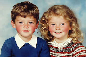Retro 1980s yearbook brother and sister double portrait. 