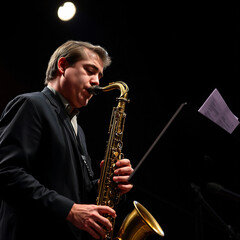 Close-Up of Saxophonist Playing Solo Under a Spotlight