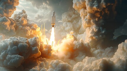 3D Concept of Rocket Launching Through Clouds