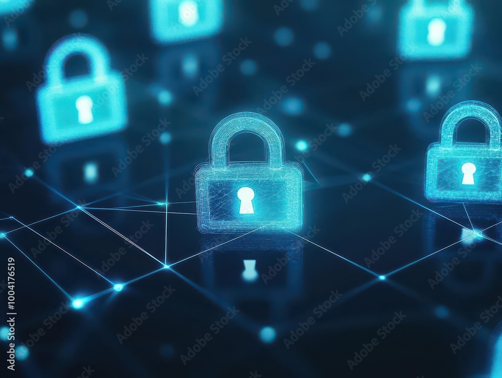 Aufkleber abstract security grid with floating padlock icons, dark blue tones, glowing edges, cyber encryption