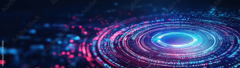 Poster abstract security layers represented by glowing rings, data stream in the background, futuristic cyb