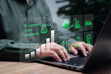 Green business, ESG, Environmental, social, and governance concepts, Businessman analyze investment sustainability, Climate change, Sustainable development,  Green energy recycling, EV, Carbon neutral