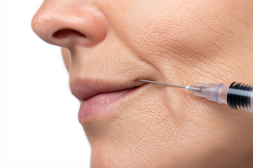 Obraz premium Close up of botox injection points on womans face, showcasing precision of procedure. image highlights needle approaching skin, emphasizing cosmetic treatments details and technique