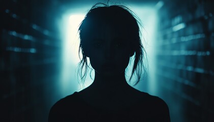 Creepy silhouette of a woman turning to look at the camera, dark and unsettling atmosphere, shadowy and mysterious vibe