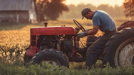 Man repairing tractor in golden field