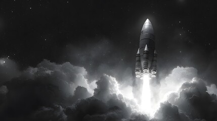 Naklejka premium 3D Rocket Ascending Through Dark Clouds Illustration