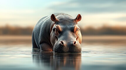 Fototapeta premium Majestic Hippo in Serene Water Landscape
