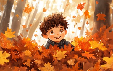 Illustration for a childrens storybook, boy playing in a forest during autumn, surrounded by piles of leaves, warm and cheerful colors