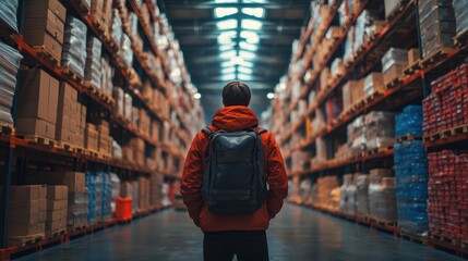Obraz premium employee diligently assessing stock in a bustling warehouse bright overhead lights illuminate rows of products showcasing organized chaos in a factory setting