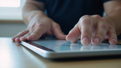 Fototapeta premium Man hands are continuously interacting with e-documents on screens within a streamlined digital workflow
