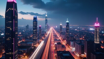 Obraz premium High-Tech Science-Infused Cityscape Panoramic Urban Architecture Showcasing Futuristic Technology in a Neon Light Banner Design