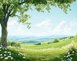 A serene landscape featuring lush green fields, vibrant flowers, and a blue sky with fluffy clouds.