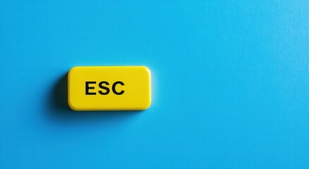 Bright yellow ESC key on vibrant blue background symbolizing escape, urgency, and digital concepts in minimalist style