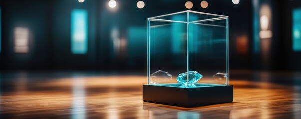 A stunning display of art in a glass case illuminated by soft lighting, showcasing creativity and elegance in a gallery setting.