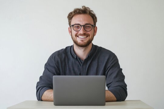Smiling man with laptop glasses background happy. - Powered by Adobe