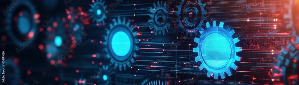 Poster advanced mechanical gears, futuristic hologram display, glowing virtual elements, dark tones