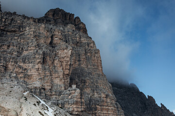 Dolomite mountains in Austria among the clouds
