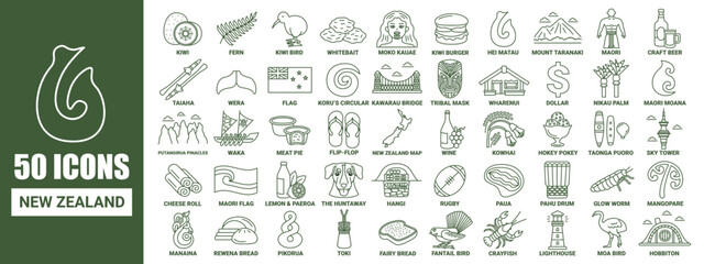 50 icon collection of new zealand in outline design style with name of every icon.
