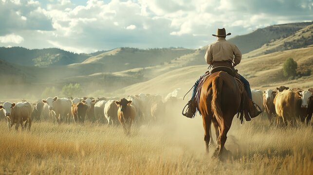 Rancher herding cattle in picturesque landscape