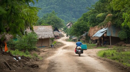 Fototapeta premium Rural village road with rider on motorcycle