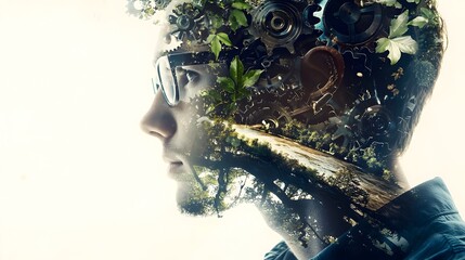 Eco-Friendly Synergy:Gears Merging with Nature's Elements in a Focused Engineer's Visage