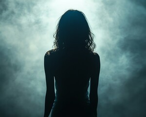 Fototapeta premium Woman s silhouette turning to the camera in darkness, eerie and creepy atmosphere, dramatic light and shadow play