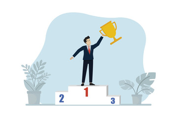 Career achievement, winning business competition, businessman wins first place and gets a gold trophy. Business vector illustration.